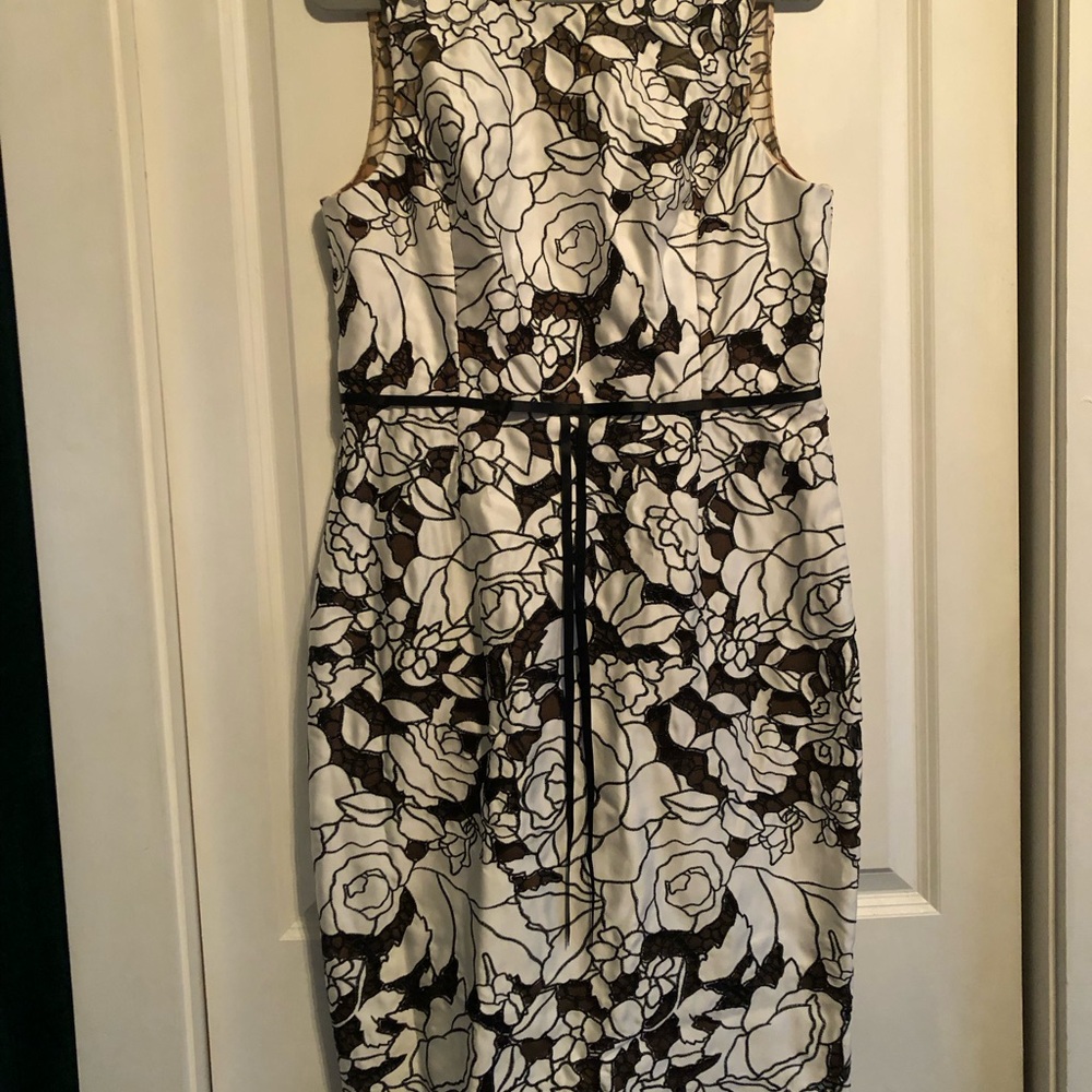 Marchesa White and Black Floral Midi Dress